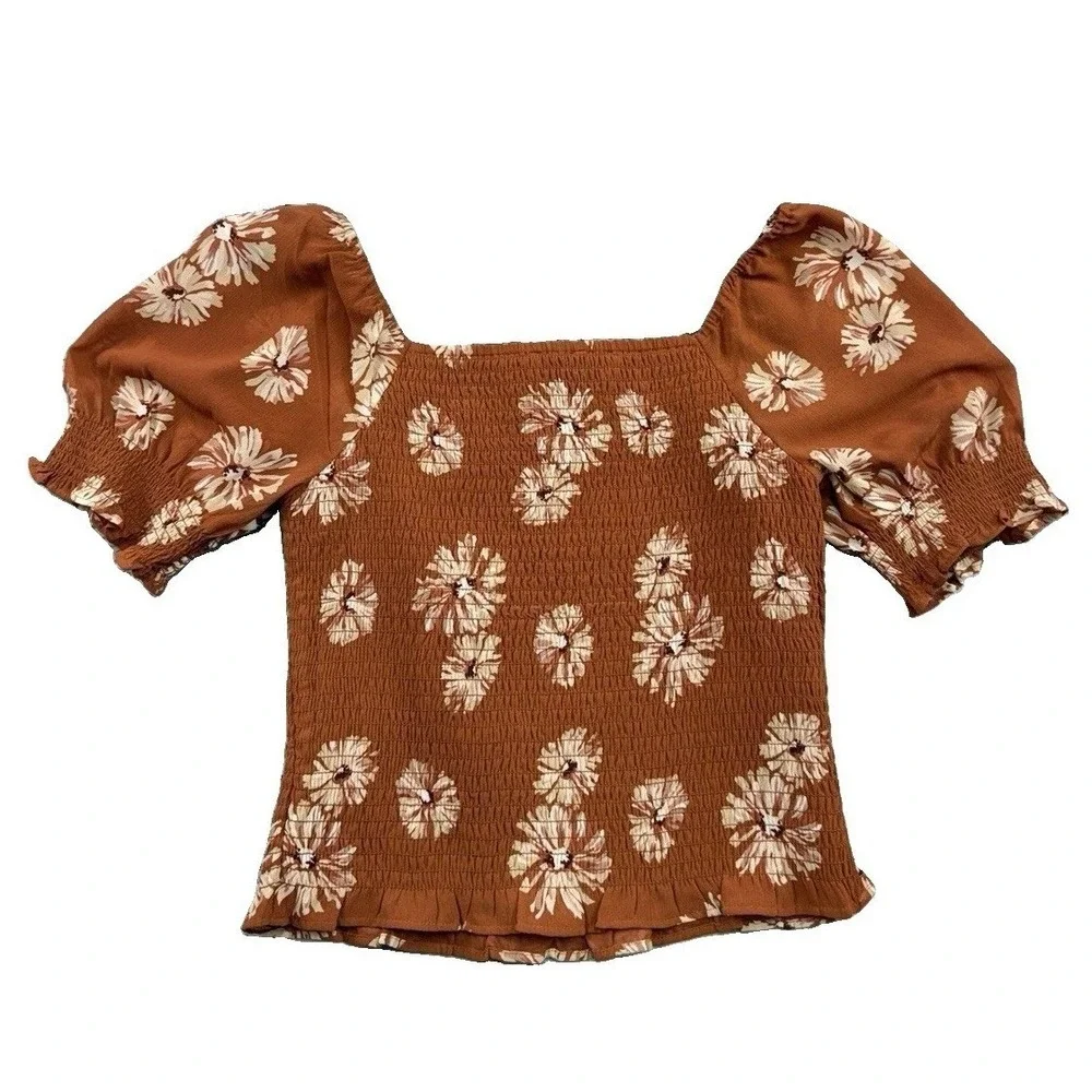 Madewell Georgette Lucie Puff-Sleeve Smocked Top Moody Blooms Rusty Torch XXS